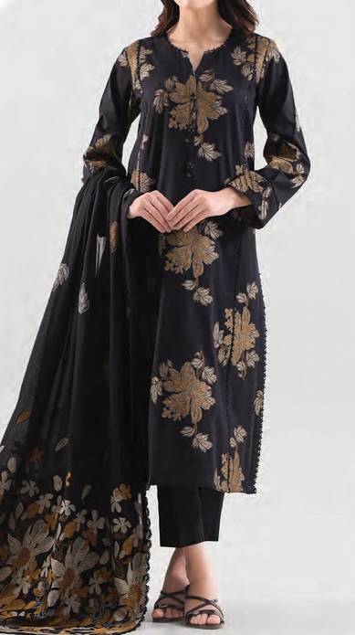 Unstitched Jacquard Cotton 3 Piece Suit – Black