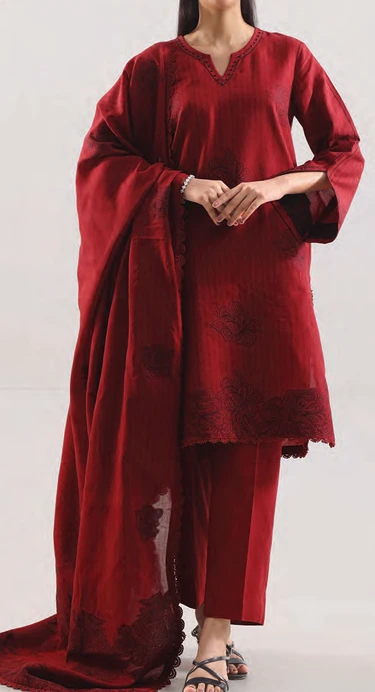 Unstitched Jacquard Cotton 3 Piece Suit – Rust