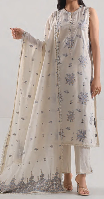 Unstitched Jacquard Cotton 3 Piece Suit – Off White