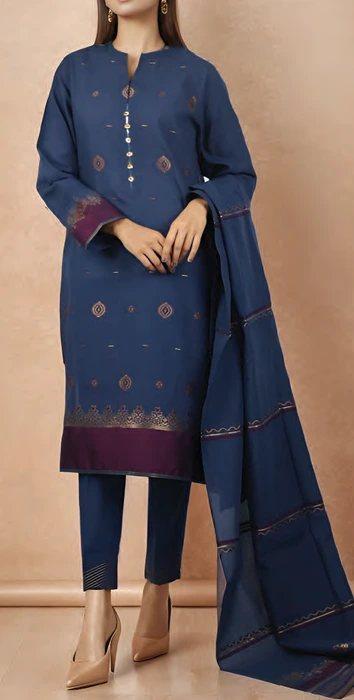 Unstitched Jacquard Cotton 3 Piece Suit – Navy Blue